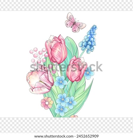Watercolor spring template for Mother's day. Hand draw garden border with tulips. Farming clip art in cartoon, romantic style. Springtime gardening design element for invitation,  textile, greeting ca