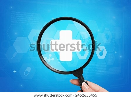 Health insurance, magnifier on medical healthcare icon