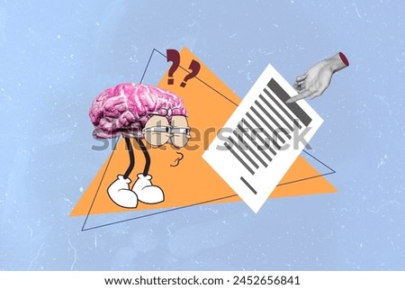 Composite trend artwork sketch image 3D photo collage of pensive brain with face stand on legs look at blank document think solve puzzle