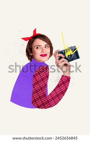 Photo collage composite artwork sketch image of young attractive lady journalist pinup make shoot retro photocamera hold in hand hobby