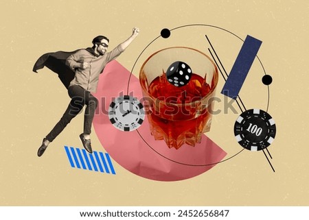 Creative collage image picture young superhero man whiskey beverage drink alcoholic liquid dice chips combination drawing background