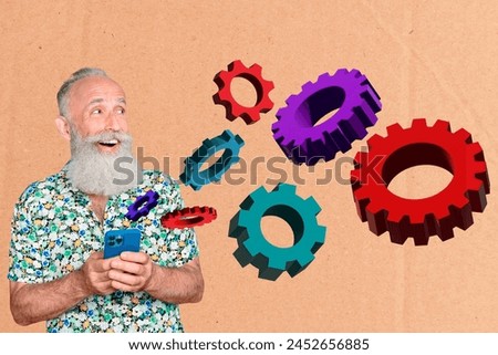 Composite photo collage of happy old man pensioner hold new iphone optimization gears settings technology isolated on painted background