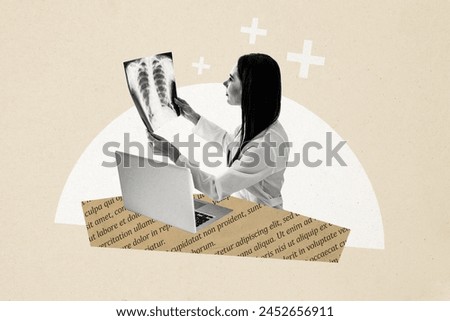 Composite photo collage of girl doc hold xray picture lung analysis pneumonia covid illness macbook device isolated on painted background