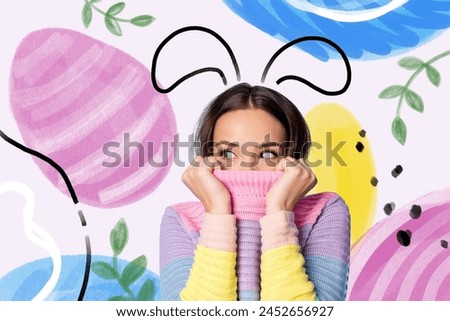 Composite photo collage of happy pretty girl hide sweater collar cozy scared bunny easter egg hunt game isolated on painted background