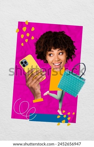 Vertical photo collage of happy american cheer girl hold iphone buy shopping shopper bag purchase consumer isolated on painted background