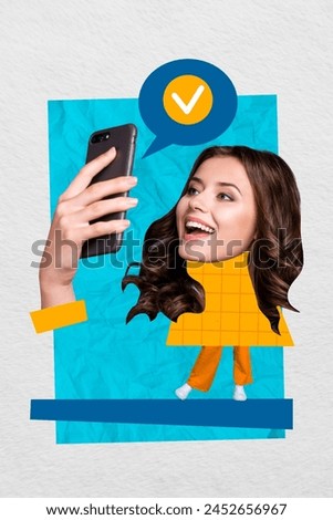 Vertical photo collage of smile girl hold iphone video call selfie text box notification sms check mark isolated on painted background