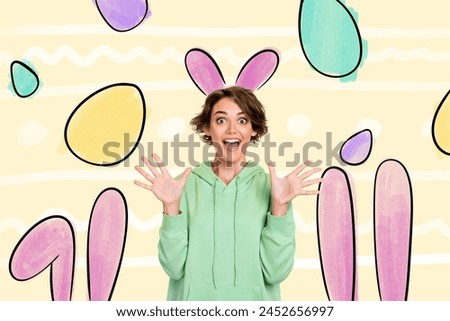 Composite photo collage of smile pretty girl bunny ears easter egg hunt game holiday tradition event isolated on painted background