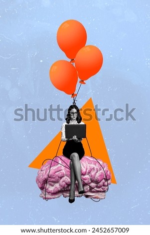 3D photo collage composite trend artwork sketch image of black white young lady office project manager idea sit on brain air bubble