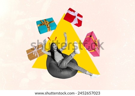 Composite trend sketch image photo collage of young surprised lady celebrate woman day happy birthday get present gifts sit in beanbag