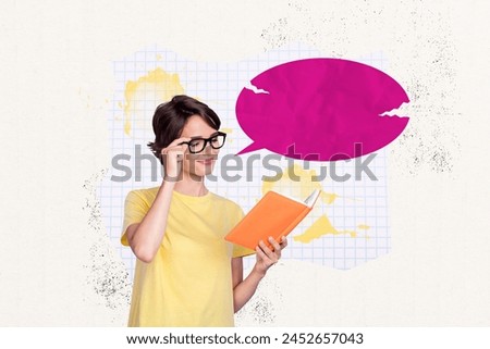 Photo image collage young clever woman nerd student message phrase communication phrase textbox read copybook checkered background