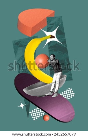 Vertical picture collage photo young cheerful man hold ball banana fruit exotic tropical nutrition yummy food drawing background