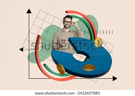 Creative collage picture young happy man successful trader infographic stats economy golden coins income good profit checkered background