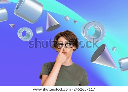 Creative collage picture young curious girl touching glasses smart nerd think decide guess 3d elements figures virtual reality simulation