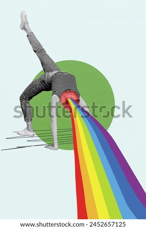 Composite trend artwork sketch image 3D photo collage of young lady do gymnastic bridge headles huge lips with rainbow from mouth instead