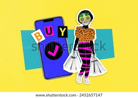 Composite photo collage of happy cheer girl weird glasses hold shopper iphone shopping check mark confirm bag isolated on painted background