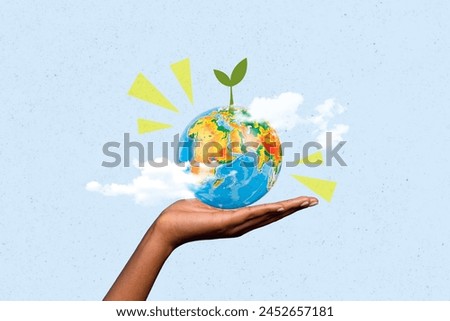 Creative photo collage picture human hand hold planet globe growing small plant fresh green blossom nature care ecosystem prosperity