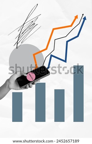 Trend artwork sketch image composite 3D photo collage of silhouette hand arm hold smartphone stats graphics analytics arrow grow success