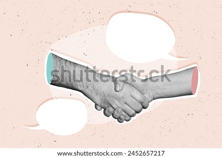 Creative photo collage picture human hands 3d body fragments shake agreement make deal collaboration solidarity gesture drawing background