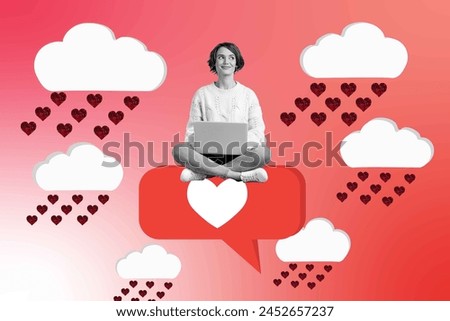 Sketch image composite trend artwork 3D photo collage of young hardworking lady sit on huge heart banner notification cloud like rain Royalty-Free Stock Photo #2452657237