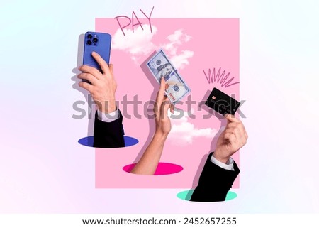 Composite photo collage of hand hold fan money dollars credit card choose pay wealth variety income iphone isolated on painted background