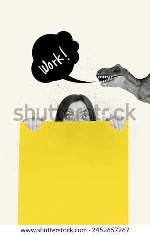 3D photo collage composite trend artwork sketch of young scared lady peekaboo hide from work behind huge geometry element staring shocked