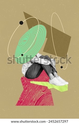 Vertical photo collage image sitting faceless girl sunhat traveler journey depressed headless orbit traveler drawing background