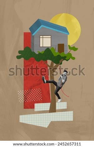 Vertical photo collage picture young scared man hanging house tree settlement mortgage environment outdoors checkered background