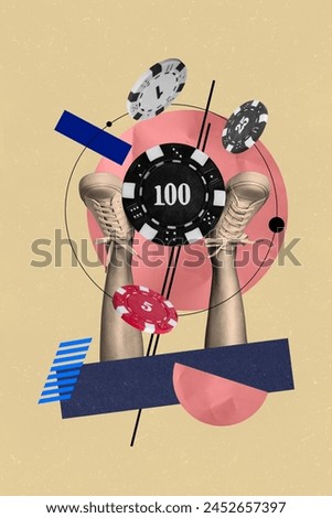 Vertical collage picture casino gambling internet gaming fortune chips combination woman legs footwear sneakers drawing background