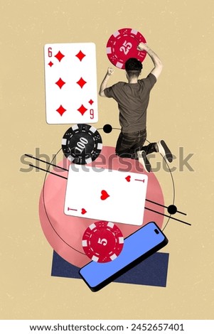 Vertical creative picture collage casino concept gambling cards chips player jackpot winner online entertainment drawing background