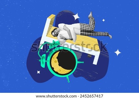 Creative photo collage picture young sleeping woman happy nighttime alarm clock regime bedtime moon dreaming cozy comfort