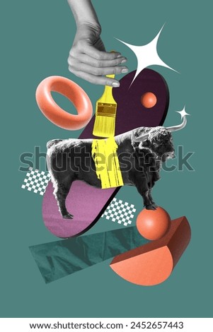 Vertical creative collage picture cow animal buffalo tool artist diy 3d fragments domestic animal surreal concept drawing background