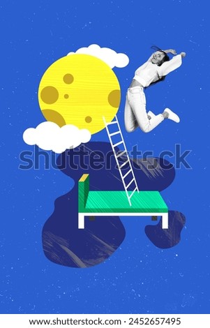Vertical image collage picture young joyful woman bedtime sleep comfort cozy moon planet night dream sleepover drawing background