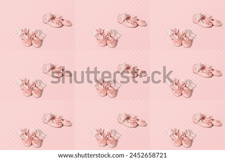 pattern of little girl's pink sparkly make belief princess shoes, bows and glitter for little princess on light background, happy childhood, Stylish pink outfit for party