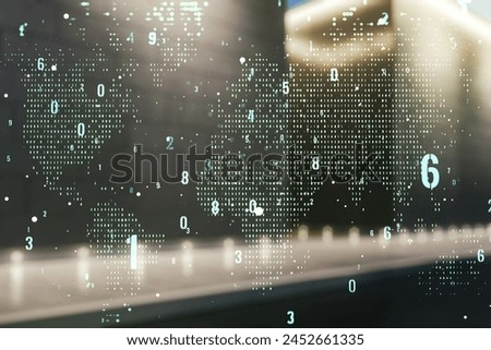 Multi exposure of abstract programming language hologram and world map on contemporary business center exterior background, artificial intelligence and neural networks concept