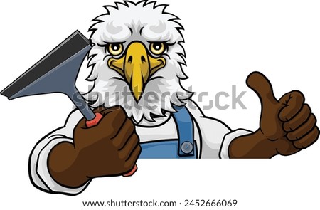 An eagle cartoon mascot car or window cleaner holding a squeegee tool peeking round a sign and giving a thumbs up