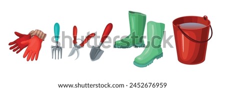 A set of gardening items. Gloves, boots, shovel, garden fork, pruner, bucket of water. Garden tools. Collection of garden tools and plants. Gardening or horticulture concept.