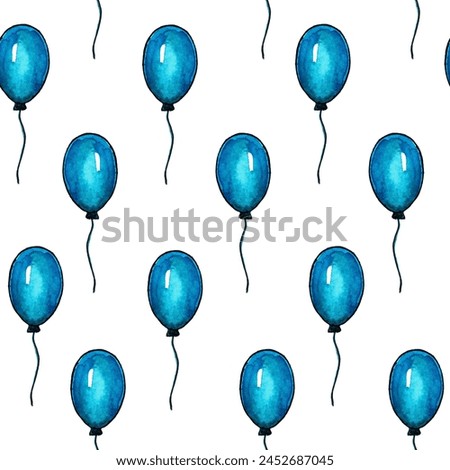 Seamless raster pattern of blue balloons. Watercolor painted bright holiday elements for wrapping paper.