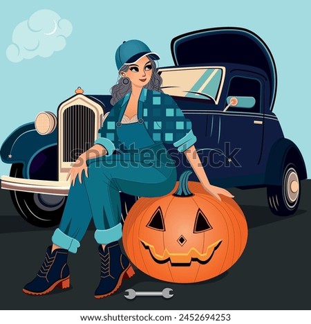 A modern Cinderella who repairs cars. The illustration shows a girl mechanic with a pumpkin and a car.
