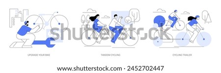 Urban cycling isolated cartoon vector illustrations set. Hipster man fix bike, professional repair, happy couple riding tandem bike together, family travel with kid in trailer vector cartoon.