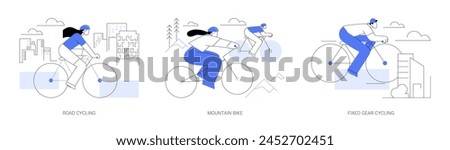 Cycling isolated cartoon vector illustrations set. Athlete riding bicycle outdoors, road cycling, mountain bike sport, fixed-gear, urban rider, healthy lifestyle, physical activity vector cartoon.