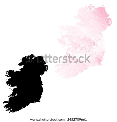 High detailed vector map. Ireland. Set of two cards. Watercolor style. Pink color. Black card.