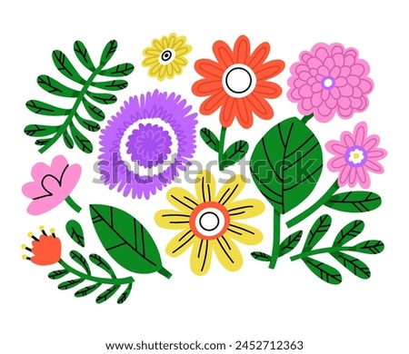 Modern blossomed flowers set. Abstract blooming floral plants and leaf. Fresh summer floristry, leaves. Nature design elements. Colored flat graphic vector illustrations isolated on white background Royalty-Free Stock Photo #2452712363