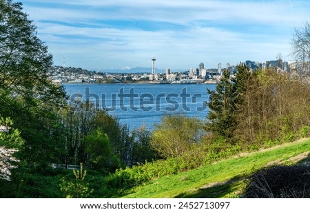 A view of the Seattle skyline from a hill in West Seattle, Washington.