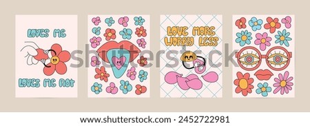 Summer groovy cartoon cards set. Trippy bright designs for t-shirt prints, posters, wall arts with witty text, quote about love. Royalty-Free Stock Photo #2452722981