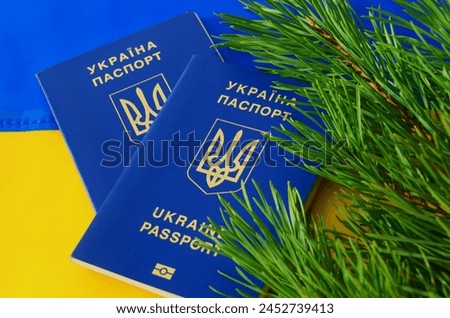Ukrainian passport and Christmas tree branches against the background of the Ukrainian flag. Immigration of people in connection with the war. Christmas and New Year.

