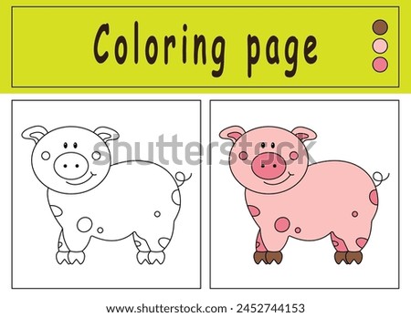 Coloring pages with cute pig . Cartoon vector illustration. Coloring and colored image of cow. Illustration for design, preschool education, print and game.