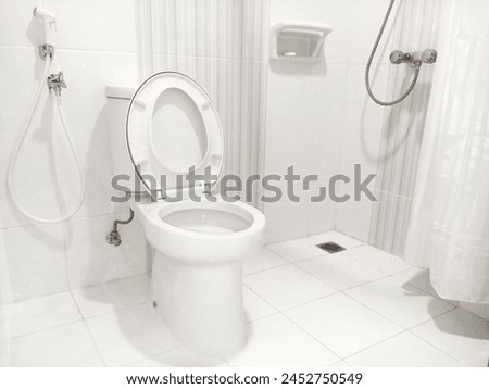 Photograph showcasing a spotless white toilet in a brightly lit restroom, exudes freshness and hygiene, perfect for showcasing modern facilities in commercial spaces, hotels, or residential interiors Royalty-Free Stock Photo #2452750549