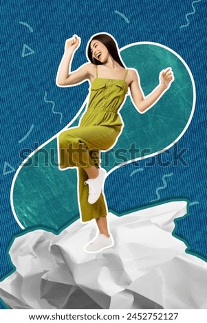 Composite trend artwork sketch image 3D photo collage of young fashion attractive lady dance on paper trash happy smile relax rest