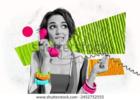 Composite photo collage of pretty girl bite lips speak telephone receiver make order shopping wait operator isolated on painted background Royalty-Free Stock Photo #2452752555