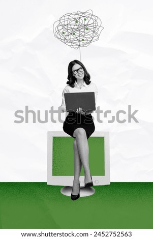 Composite trend sketch image photo collage of young smart lady sit on huge vintage retro computer monitor work in office laptop project